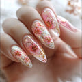 24pcs/set Medium fake nails for women girls gradient pink flowers print Almond nail tips full cover press on false nails set