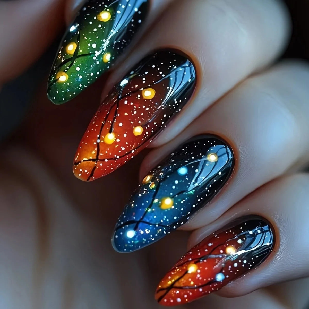 24pcs/set Medium long fake nails for summer season gradient dream blue golden Pink flash star wave lines press on false nail art