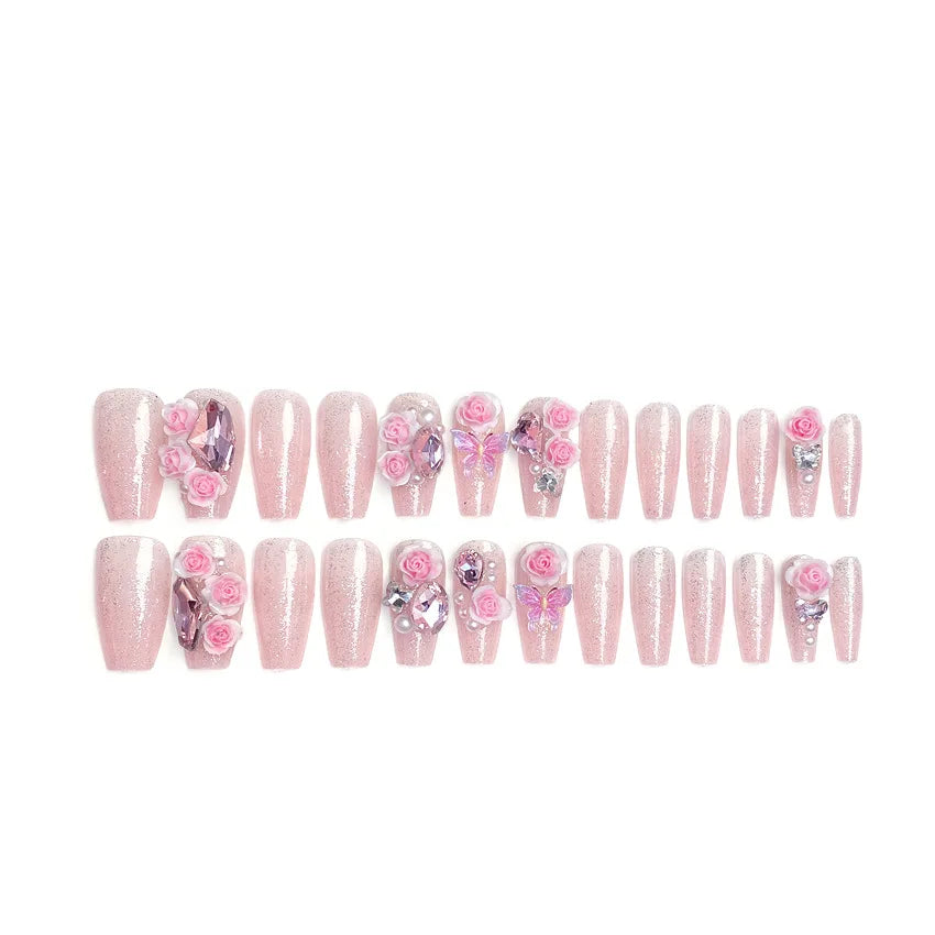 Pink 3D Flower & Metal Bow Press-On Nails – Almond, 24 Pcs