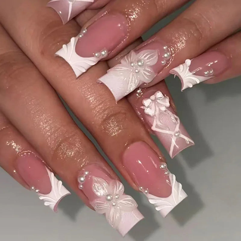 Nude Pink 3D Bow French Press-On Nails – Long Square, 24 Pcs