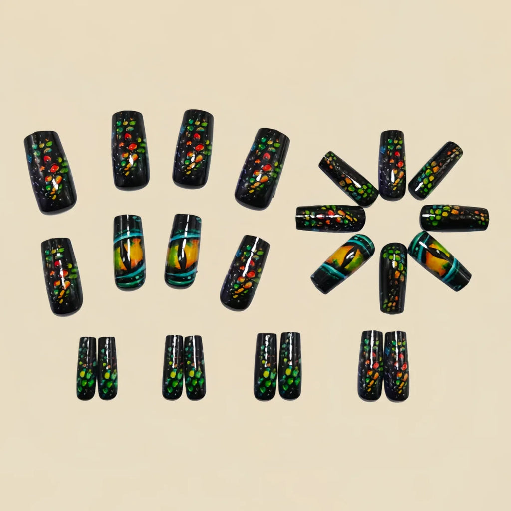 24pcs/set Medium long fake nails colorful Snake's stripes and eyes golden black human pattern square ballet tips press on nails