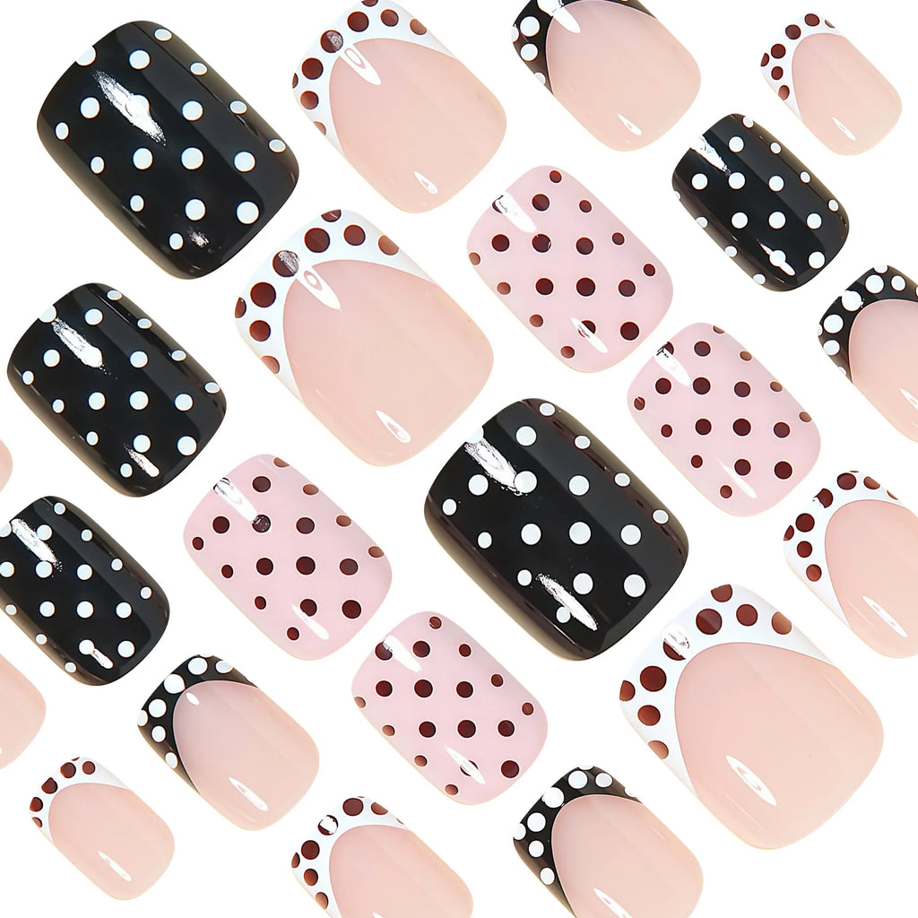 Short Square fake nails for women girls cute pink black white colors fashion polka dots design french style press on false nail