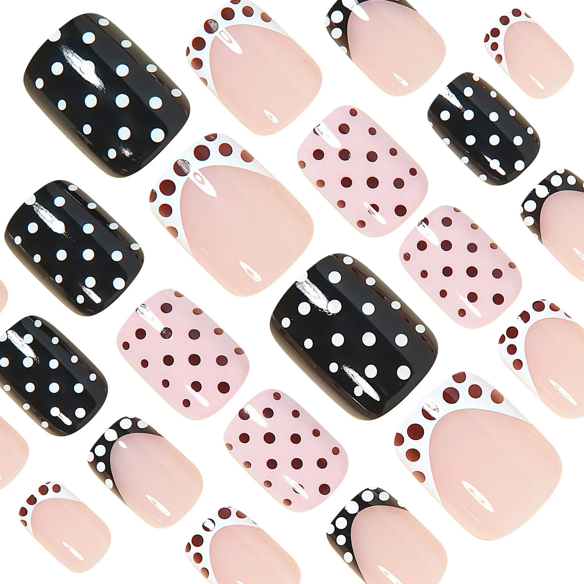 Short Square fake nails for women girls cute pink black white colors fashion polka dots design french style press on false nail