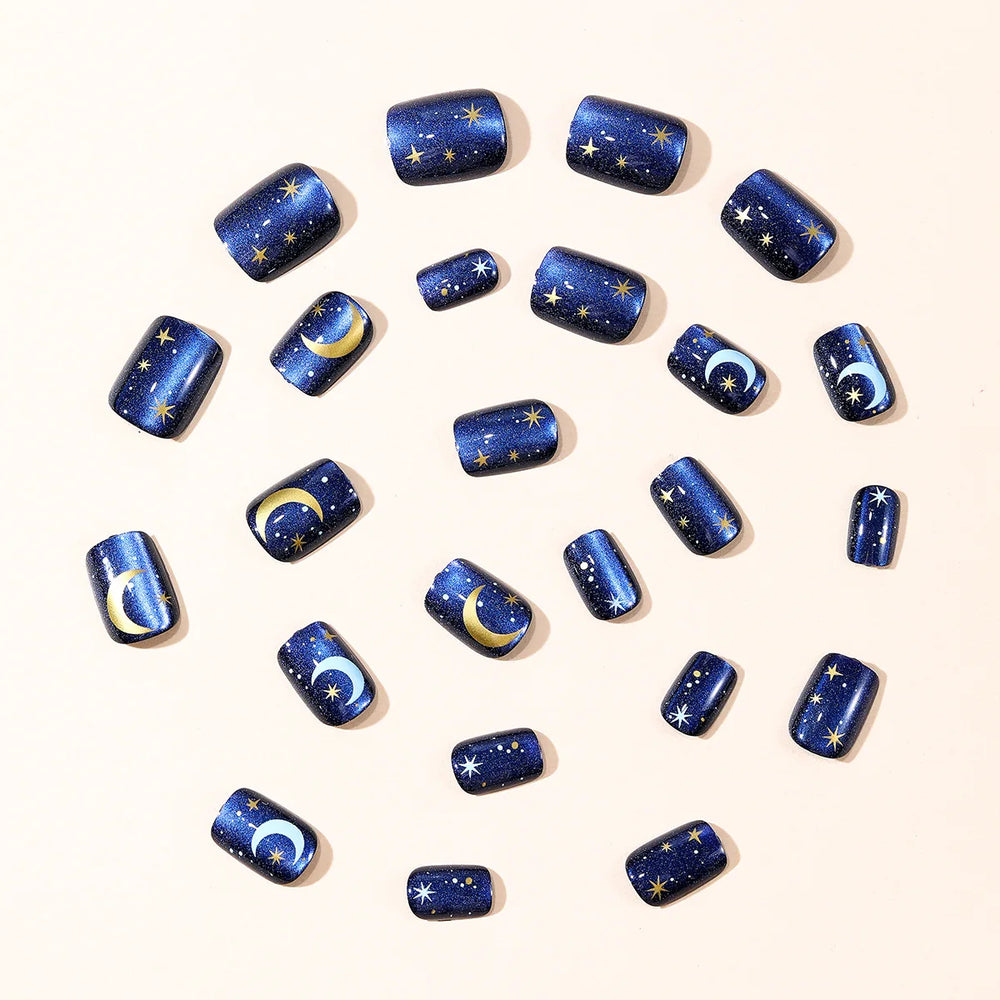 Moon & Star Starry Cat-Eye Gradient Press-On Nails – Short Square, 24 Pcs