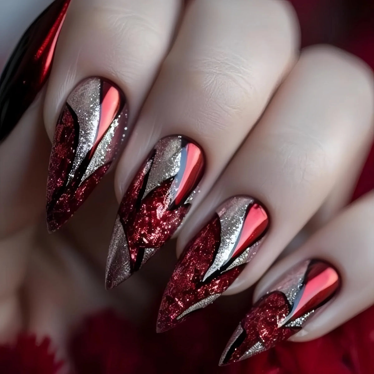 Medium Almond Ballet Fake Nail Tips Glossy Shimmer Gradient Black Red Silver Golden French Heart Geometric Press On False Nail