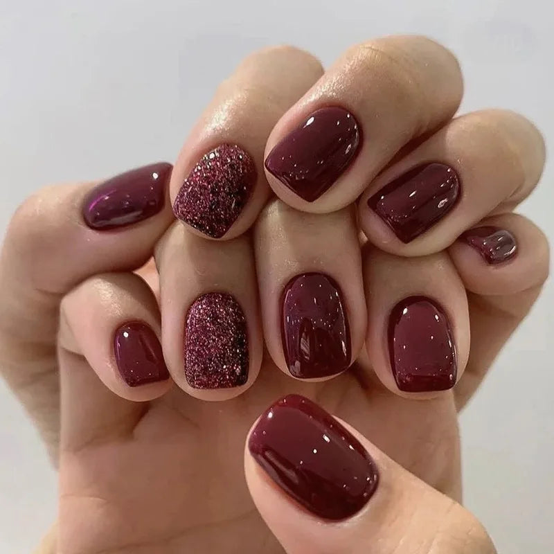 Short Medium fake nails for women girl wine red colors with glitters design Square nail tips Valentine'S Day press on false nail