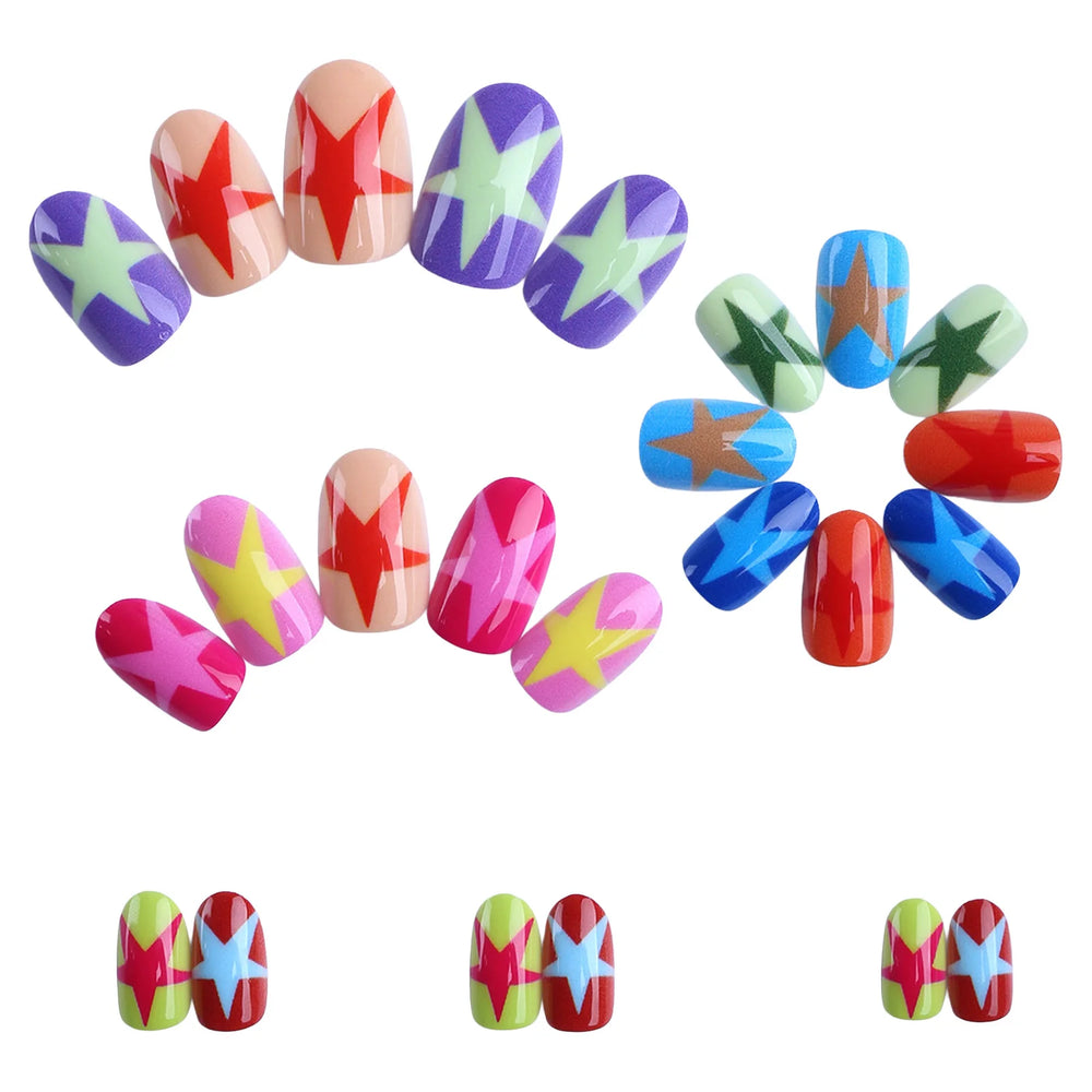 Dopamine Color Star 3D Press-On Nails – Short Square, 24 Pcs