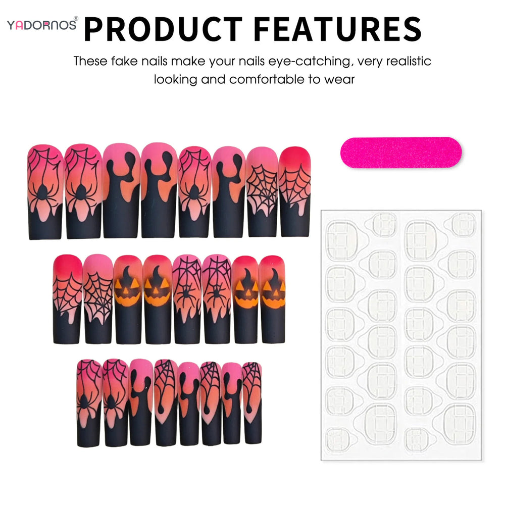 Pink Ombre Pumpkin & Spider Web Press-On Nails – Long Coffin, 24 Pcs