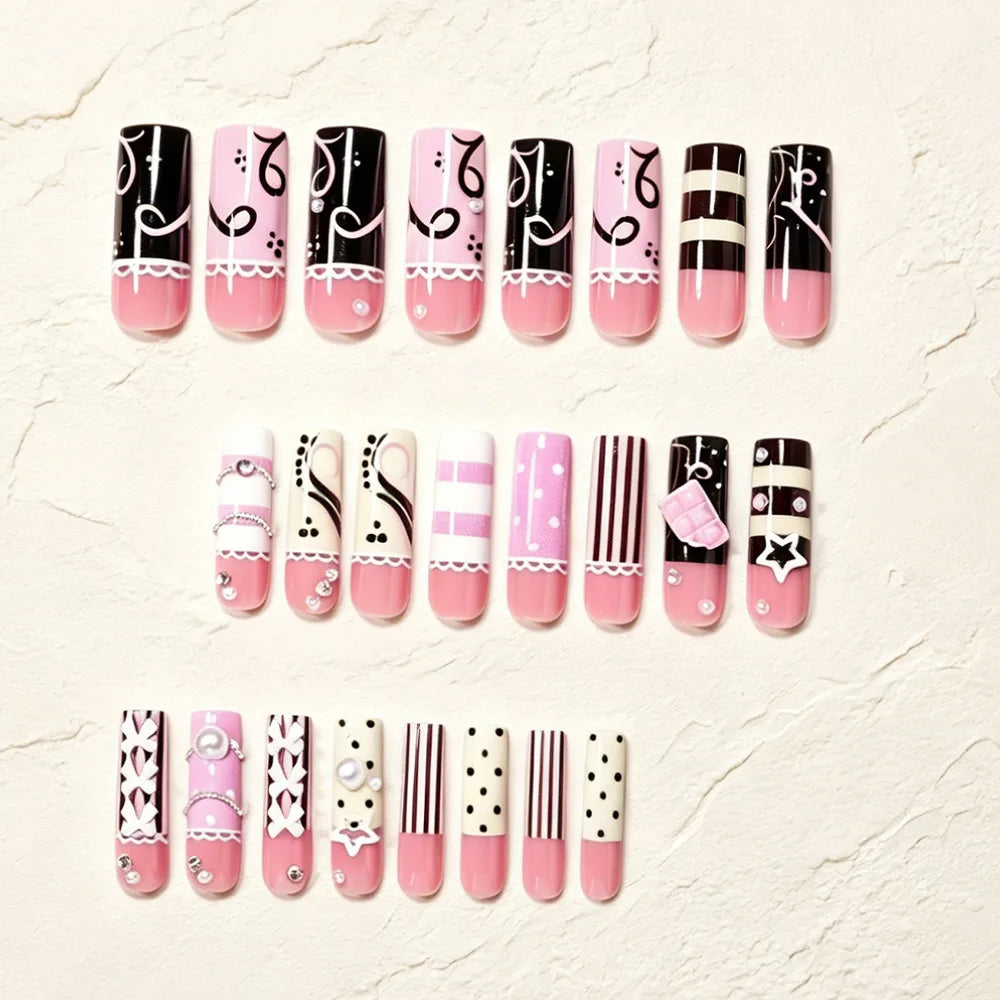 Pink & Black Stripe Polka Dot 3D Star Bow Press-On Nails – Long Square, 24 Pcs