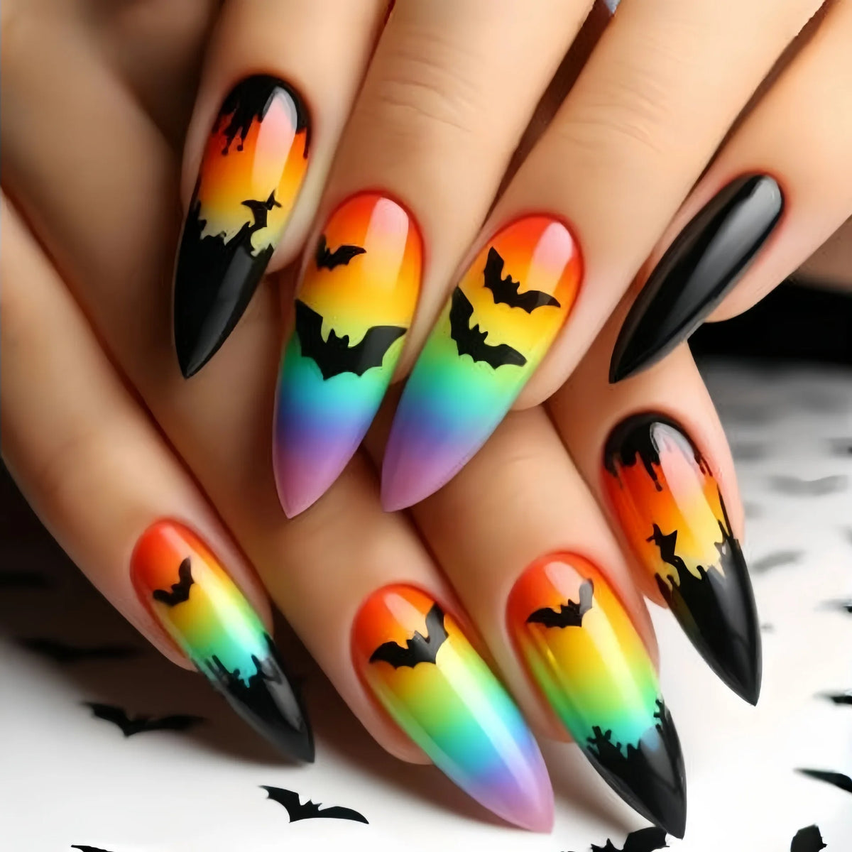 24pc/set fake nails for women gilrs Y2K colors bat or pumpkin castle design for Halloween almond shape press on false nail set