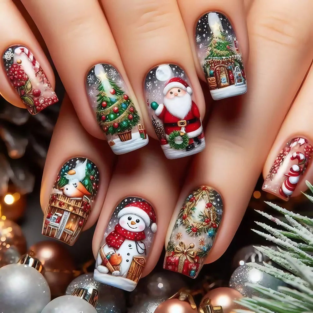 Medium Square almond fake nails for Christmas party Winter forest snowflakes Santa Claus Santa Claus design press on false nail