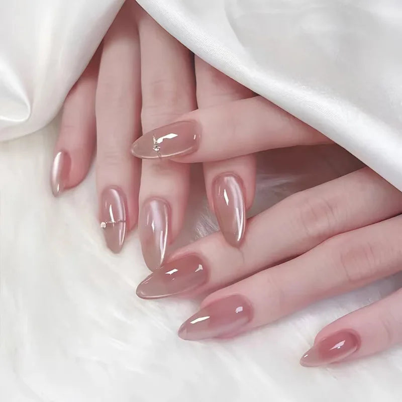 Short Medium fake nails for women gilrs light coffee nude pink glossy cat eyes Minimalist style Oval almond tips press on nails
