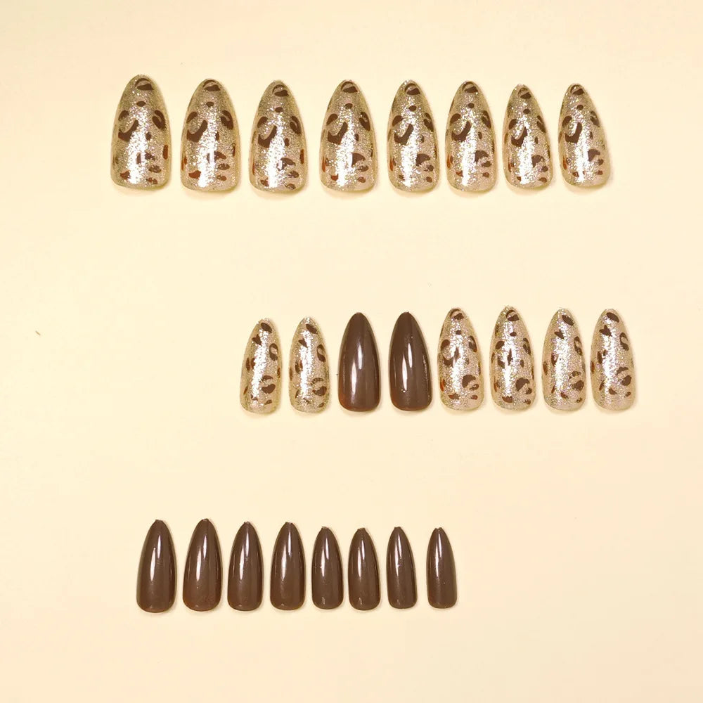 24pcs/set Almond fake nails for women gilrs black brown leopard printing with glitter design full cover manicure press on nail