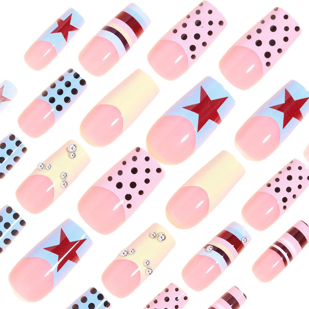 Pastel Polka Dot Bow French Press-On Nails – Medium Coffin, 24 Pcs