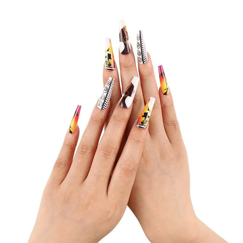 Medium long fake nails for women cartoon girls strawberry sunset y2K ballet shape full cover nail tips press on false nail art