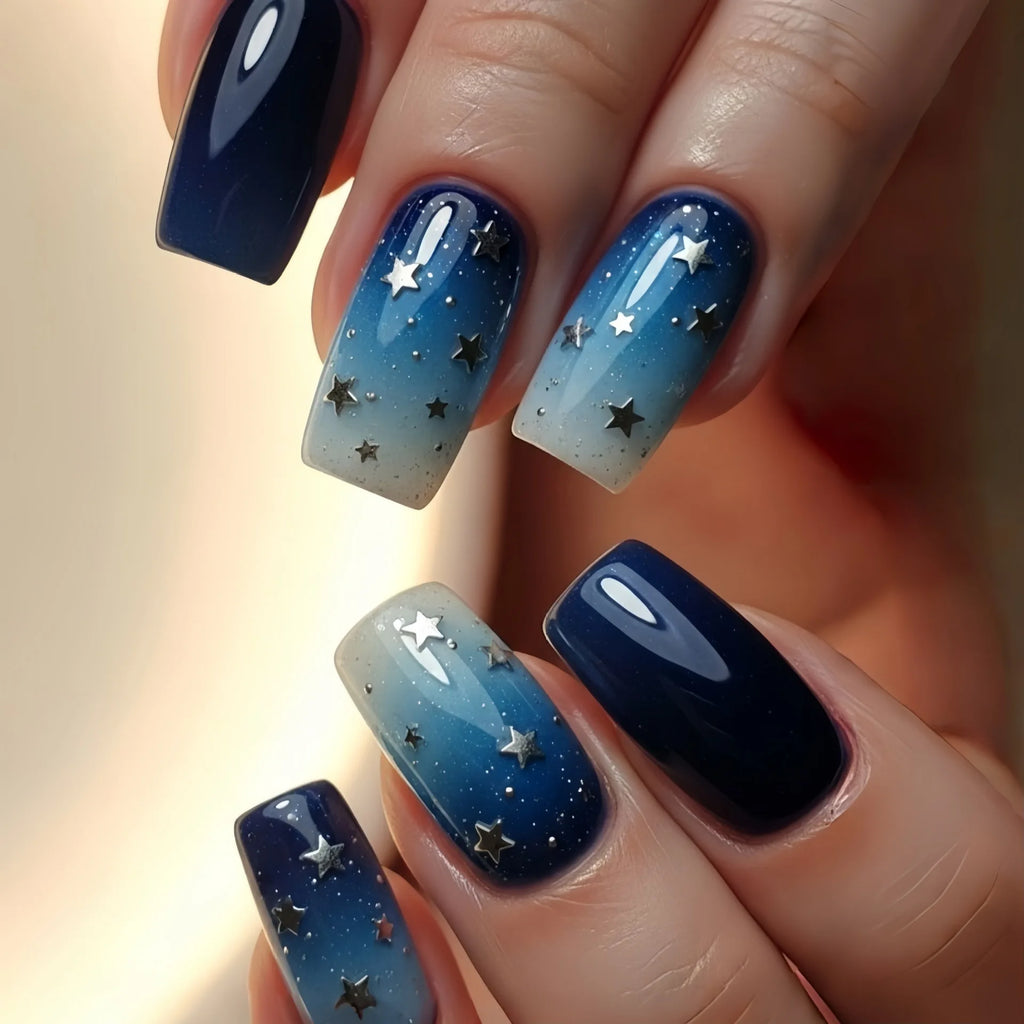 Medium fake nails for women gradient blue starry sky silver star moon full cover Square almond nail tips press on false nail art
