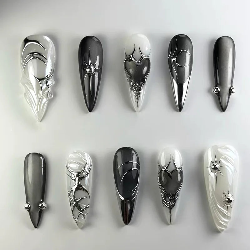 3D Green Ripple Cat-Eye French Almond Press-On Nails – Leaf Pattern, 24 Pcs