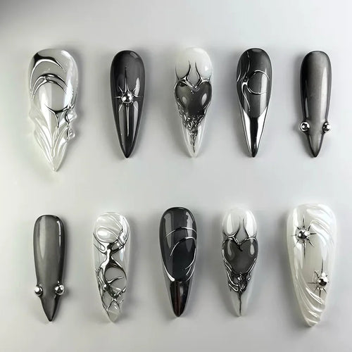 24Pcs 3D Green Ripple Design False Nails Cat's Eye French Almond Fake Nail Tips Leaves Pattern Removable Oval Press on Nails