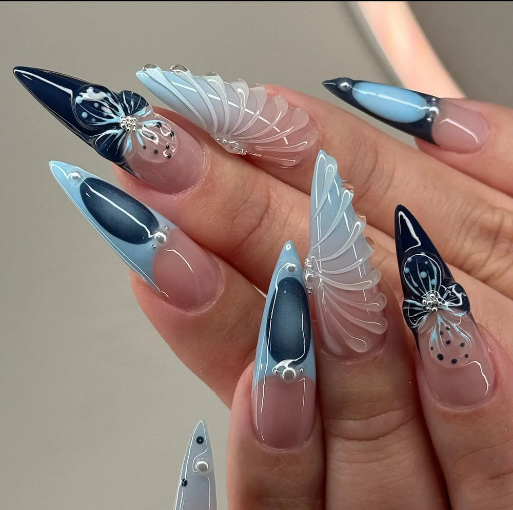 3D Embossed Flower & Fruit Metallic Rhinestone Press-On Nails – Gradient, Medium