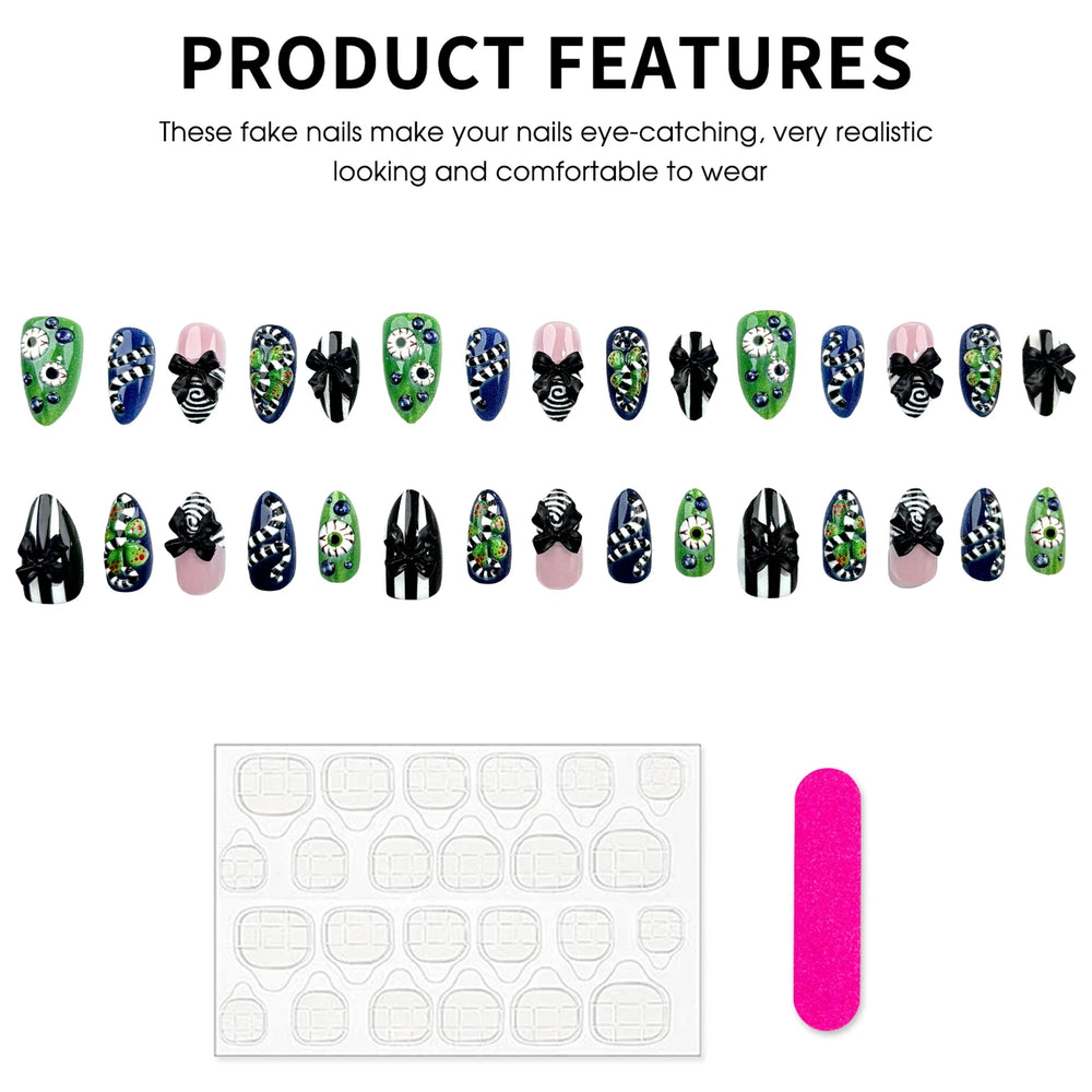3D Spooky Eyeball & Spider Press-On Nails – Almond, 30 Pcs