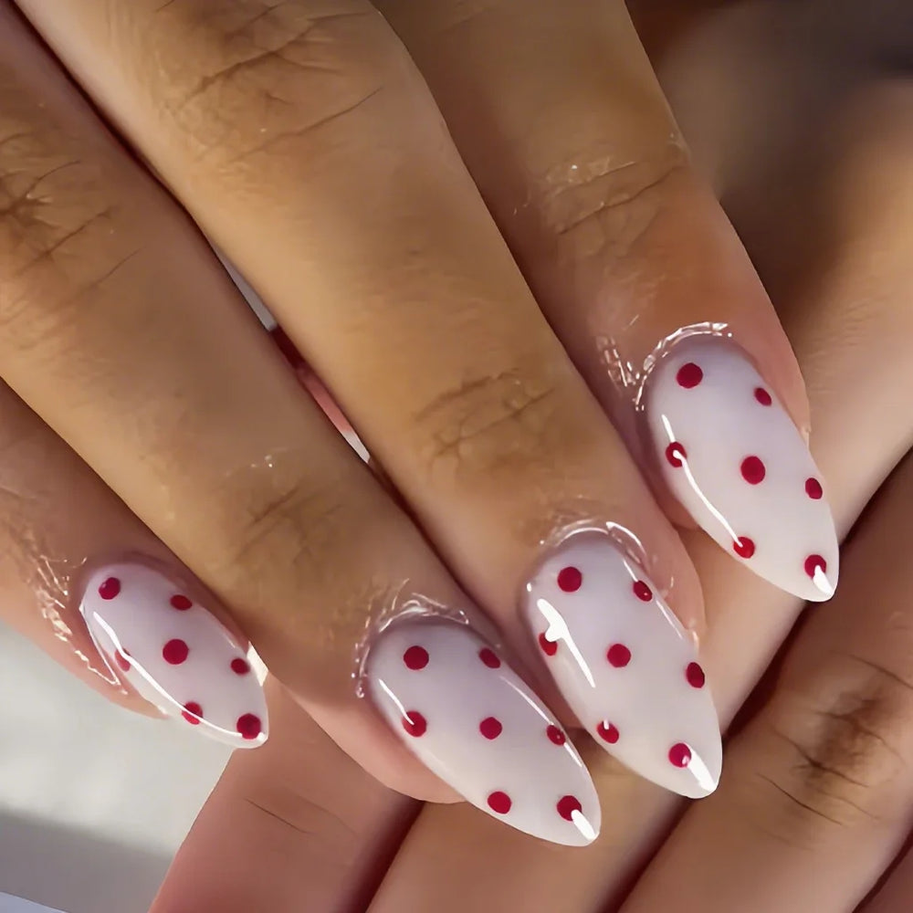Polka Dot Almond Square Press-On Nails – Red Brown Pink Black, Short/Medium