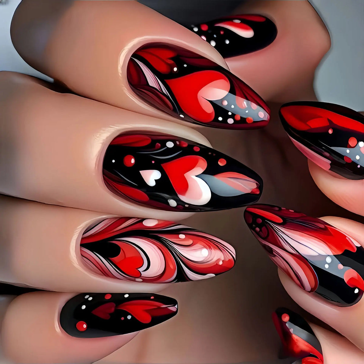 24pcs/set Fake Nails for Valentine's Day Gradient Red Black Cute Heart Rose Flowers Design French Tips Press On False Nail Art