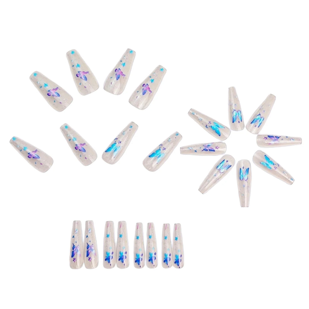 Medium Fake Nails for Women Gilrs Half Clear Ballet Nail Tips Gradient Purple Blue Butterfly Design Full Cover Press On Nail Set