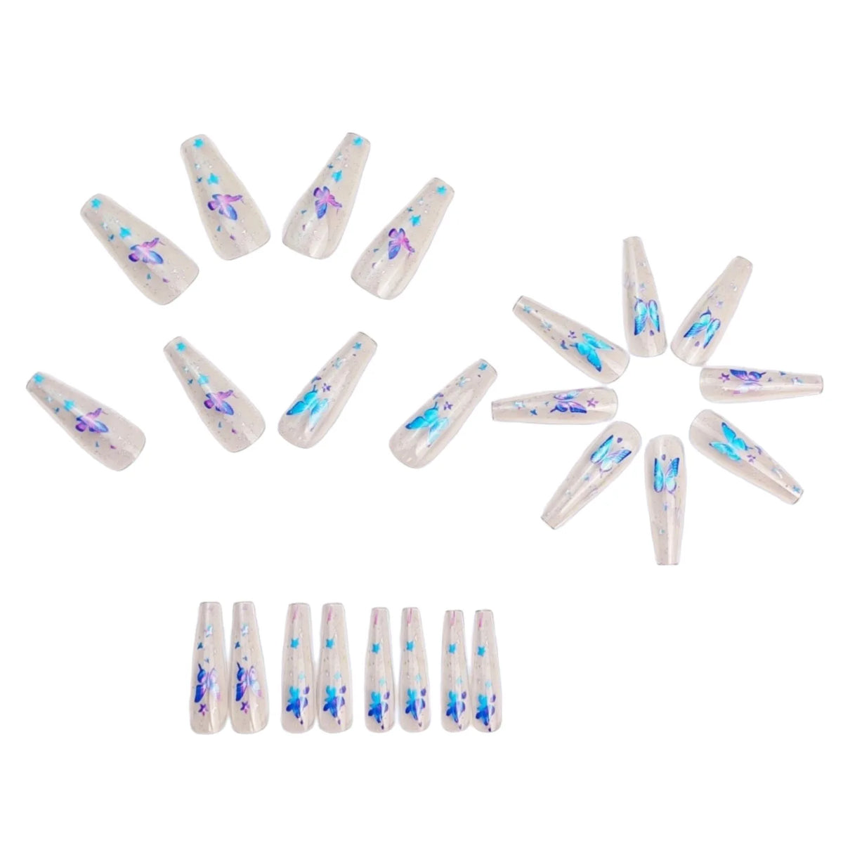 Medium Fake Nails for Women Gilrs Half Clear Ballet Nail Tips Gradient Purple Blue Butterfly Design Full Cover Press On Nail Set