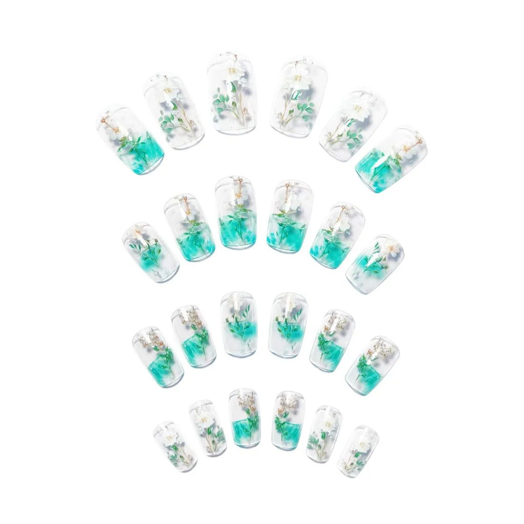 24pcs/set fake nails for women girls Half clear square nail tips gradient green white flowers full cover press on false nail