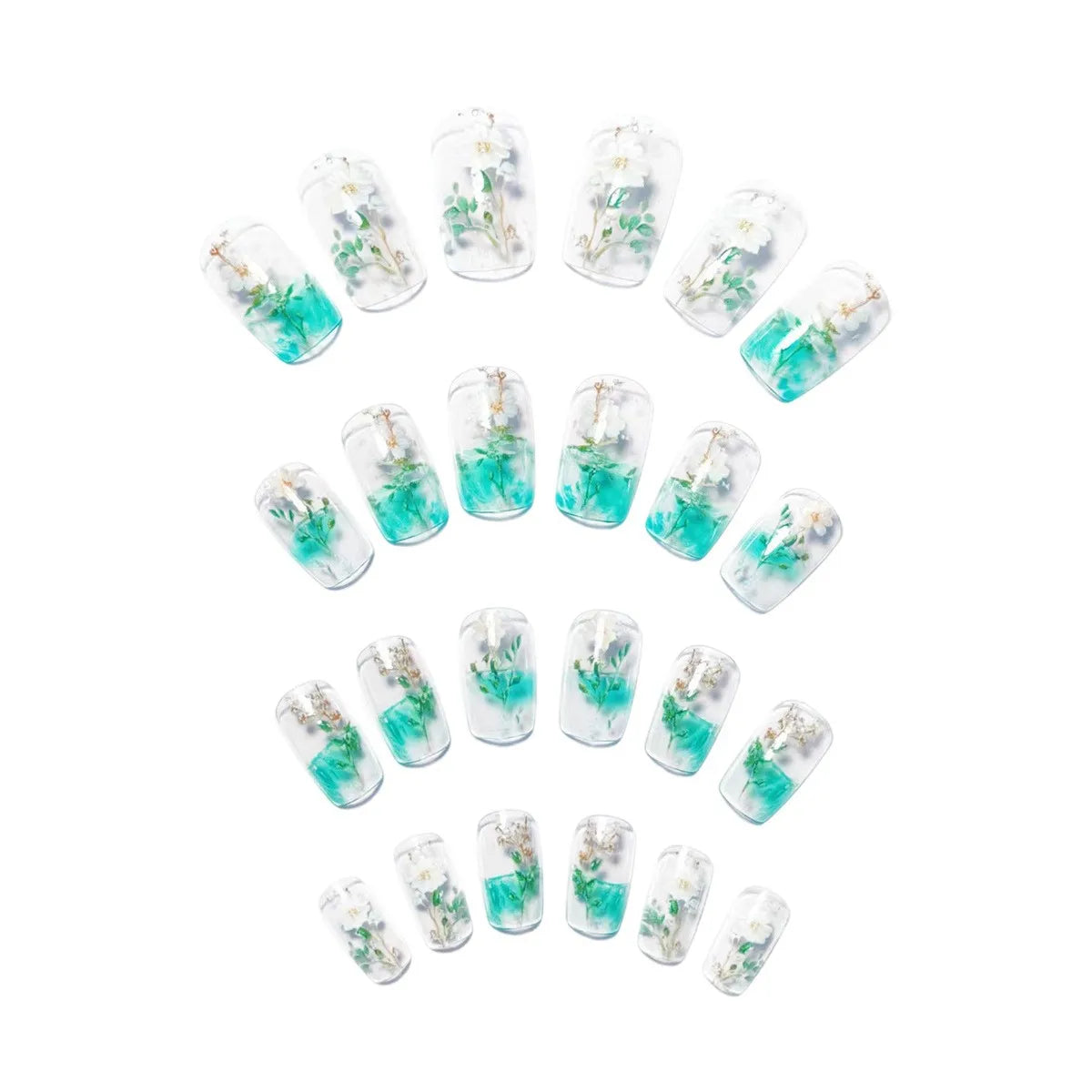 24pcs/set fake nails for women girls Half clear square nail tips gradient green white flowers full cover press on false nail