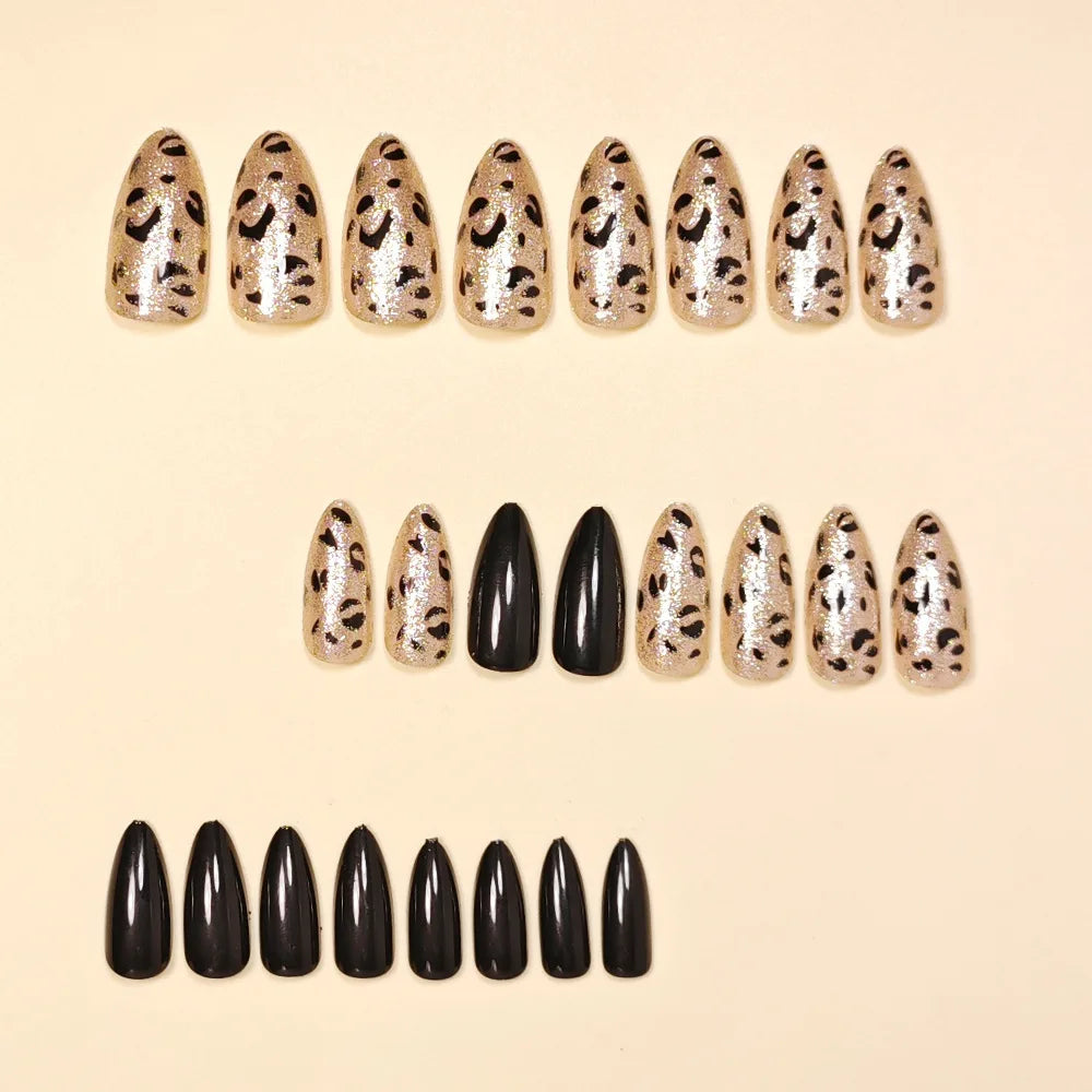 24pcs/set Almond fake nails for women gilrs black brown leopard printing with glitter design full cover manicure press on nail
