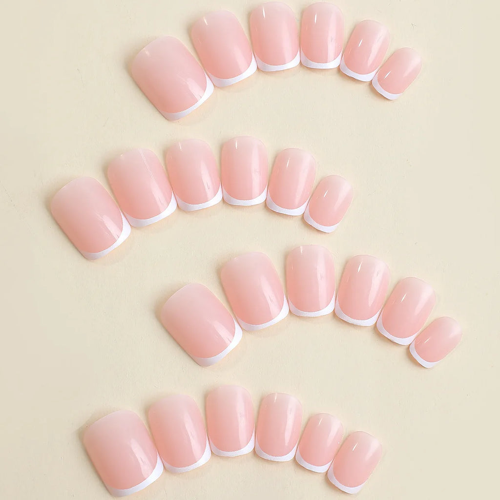 Short fake nails for women French style Nude square nail tips with white edge full cover reusable press on false nail art set