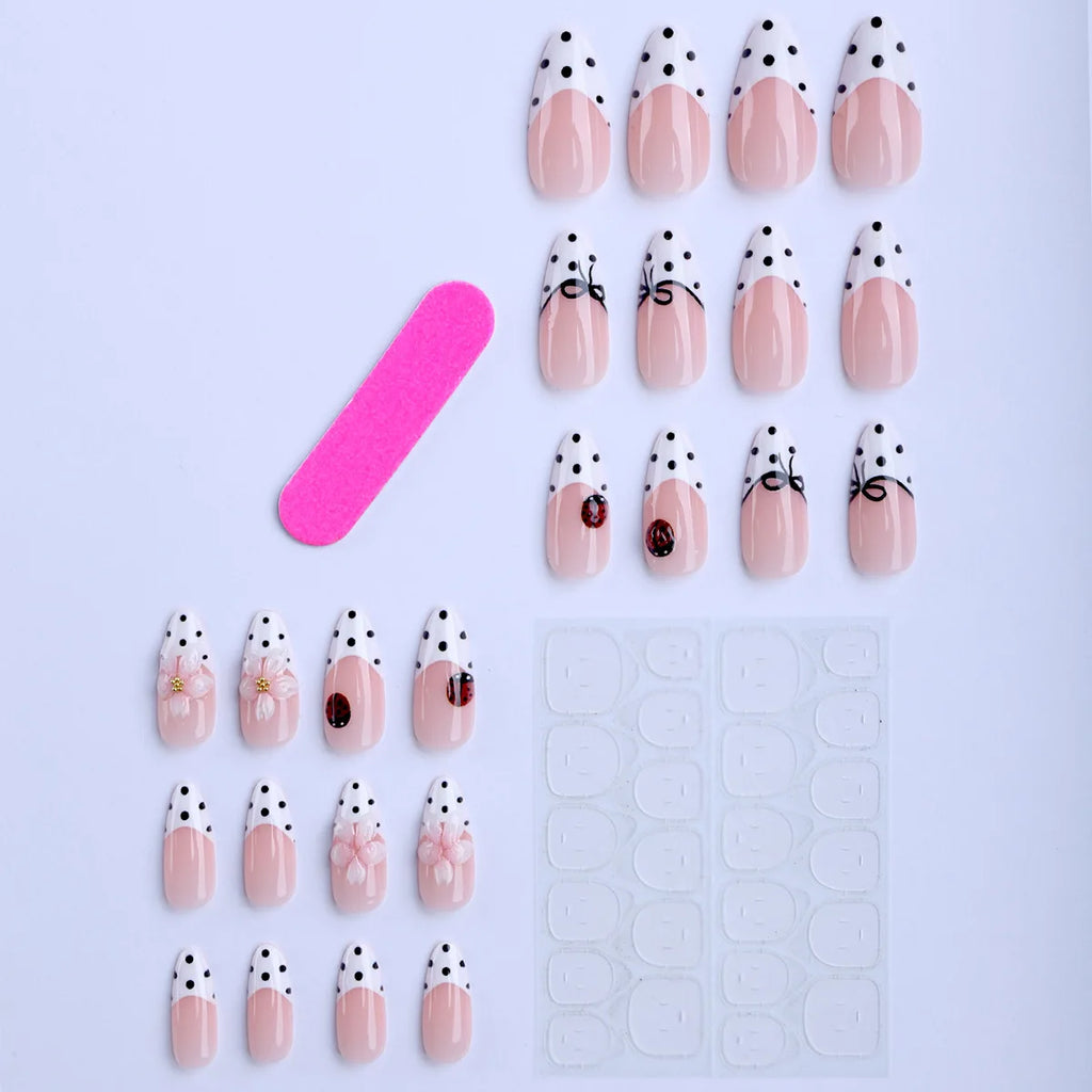 Medium fake nails for women 3D flowers with polka dots bow printing nude white french almond nail tips press on nails art set