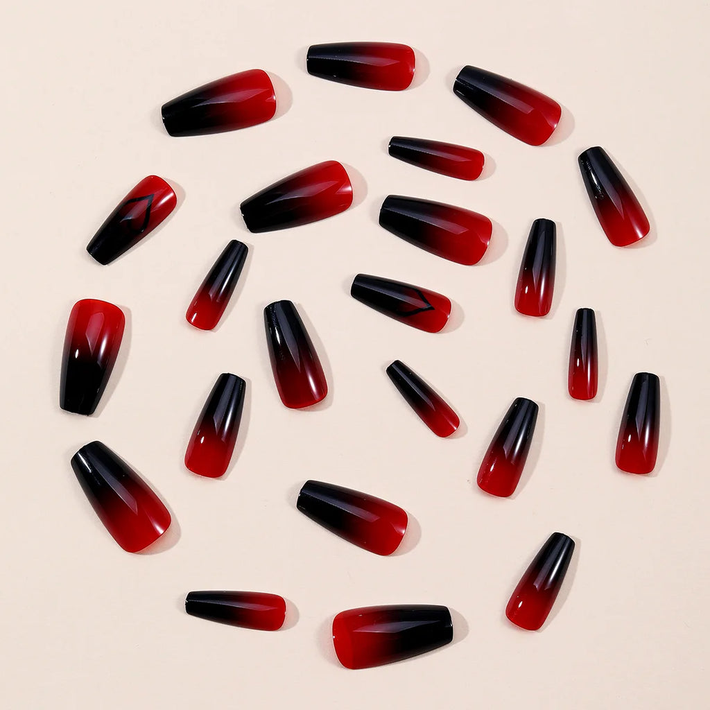 Gradient red black false nails cute heart print ballet shape for Valentine's Day full cover reusable press on Artificial Nails