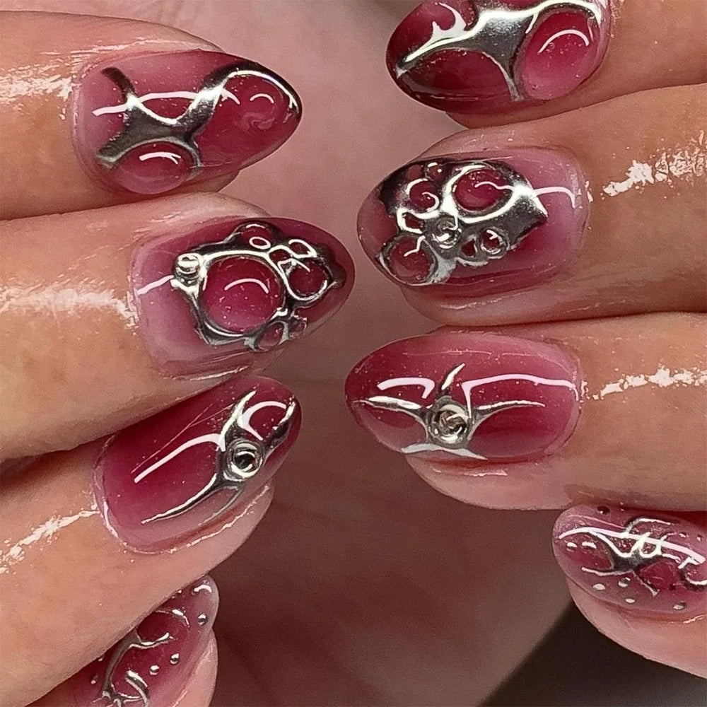 Blush Pink Y2K Chrome Punk Press-On Nails – Almond, 24 Pcs