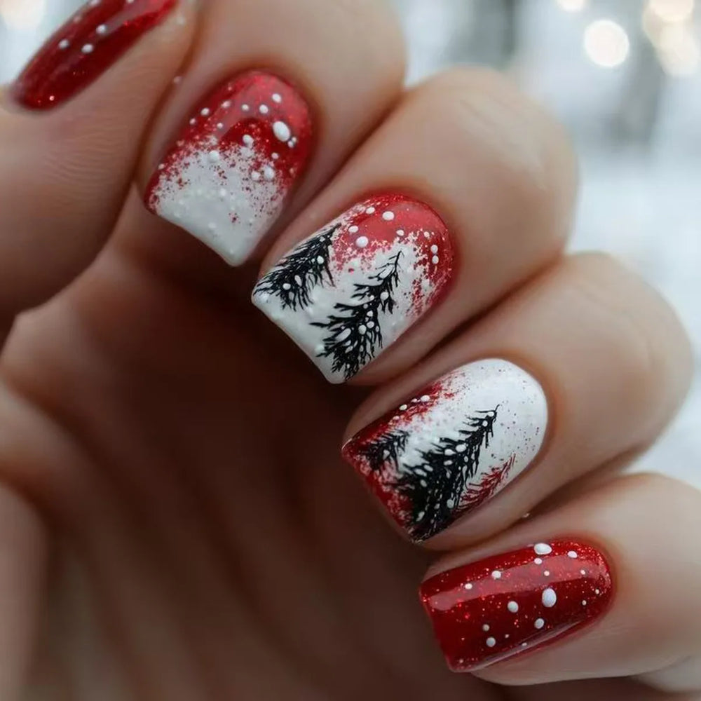 Christmas Winter Forest Snowflake & Santa Press-On Nails – Medium Square Almond