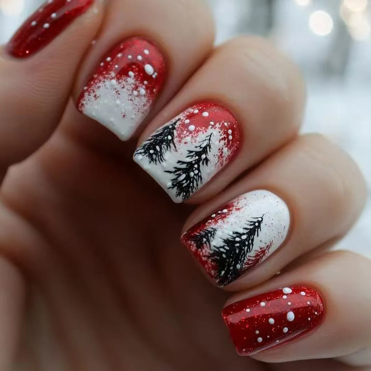 Medium Square almond fake nails for Christmas party Winter forest snowflakes Santa Claus Santa Claus design press on false nail