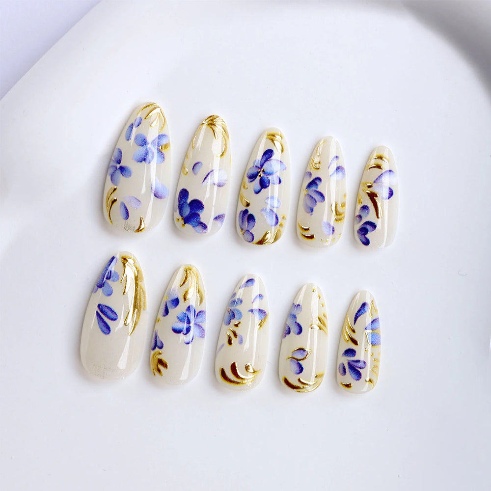 Gold Foil Blue Flower Press-On Nails – Almond, 24 Pcs