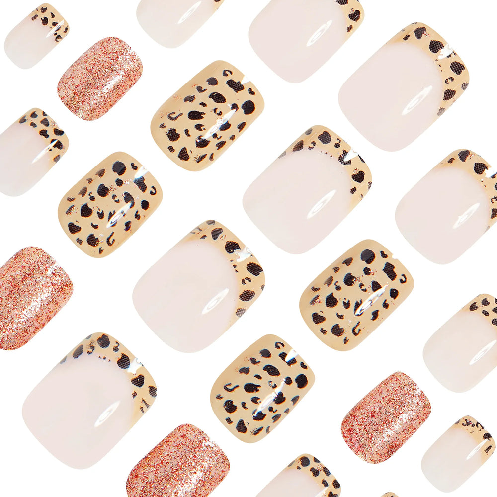 Leopard & Cherry Print French Press-On Nails – Short Square, 24 Pcs