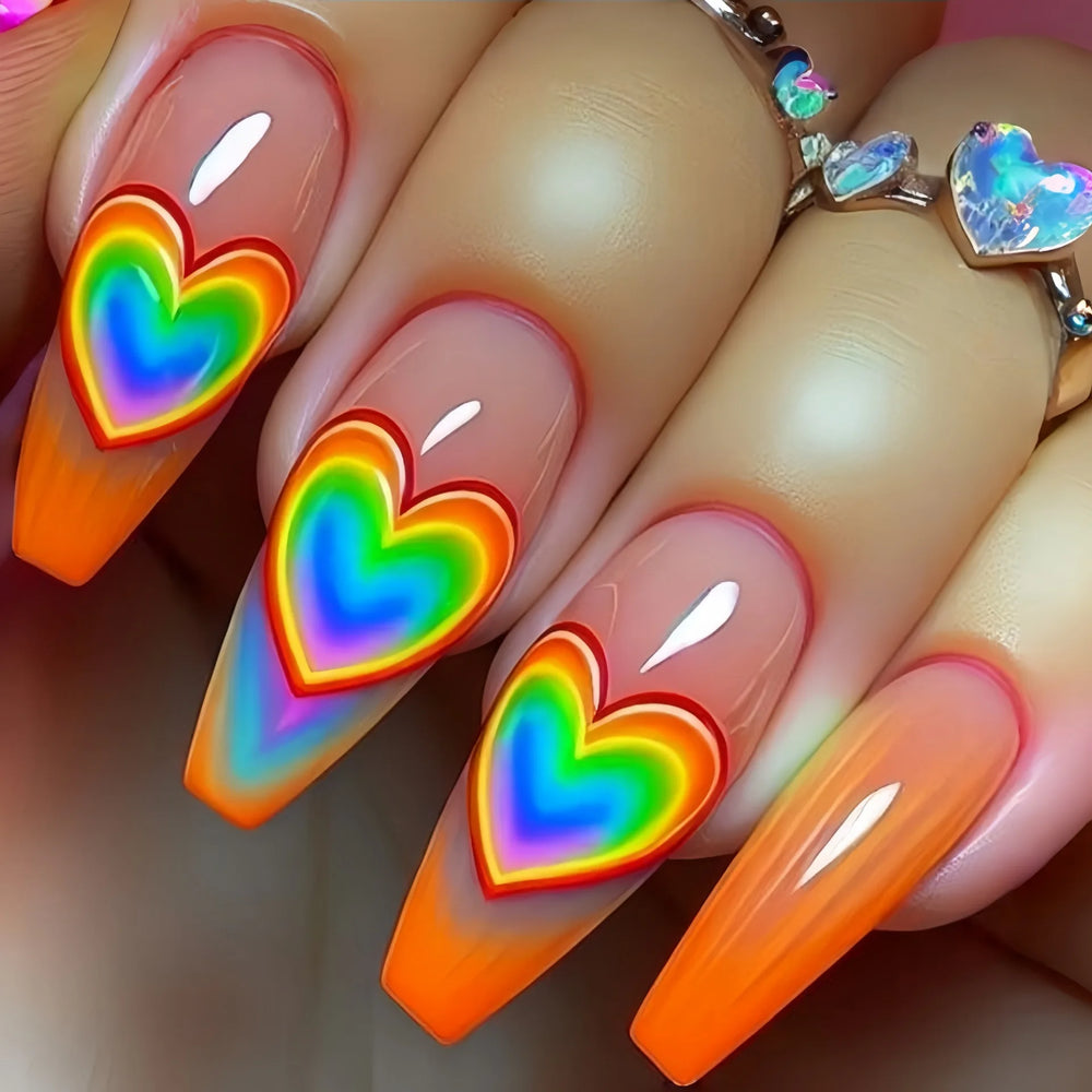 Y2K Orange Purple Yellow Flower Heart Press-On Nails – Medium Long