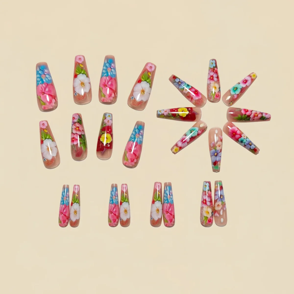 Short Medium long fake nails for women girls colorful flowers feather design Ballet square nail tips press on false nail art set