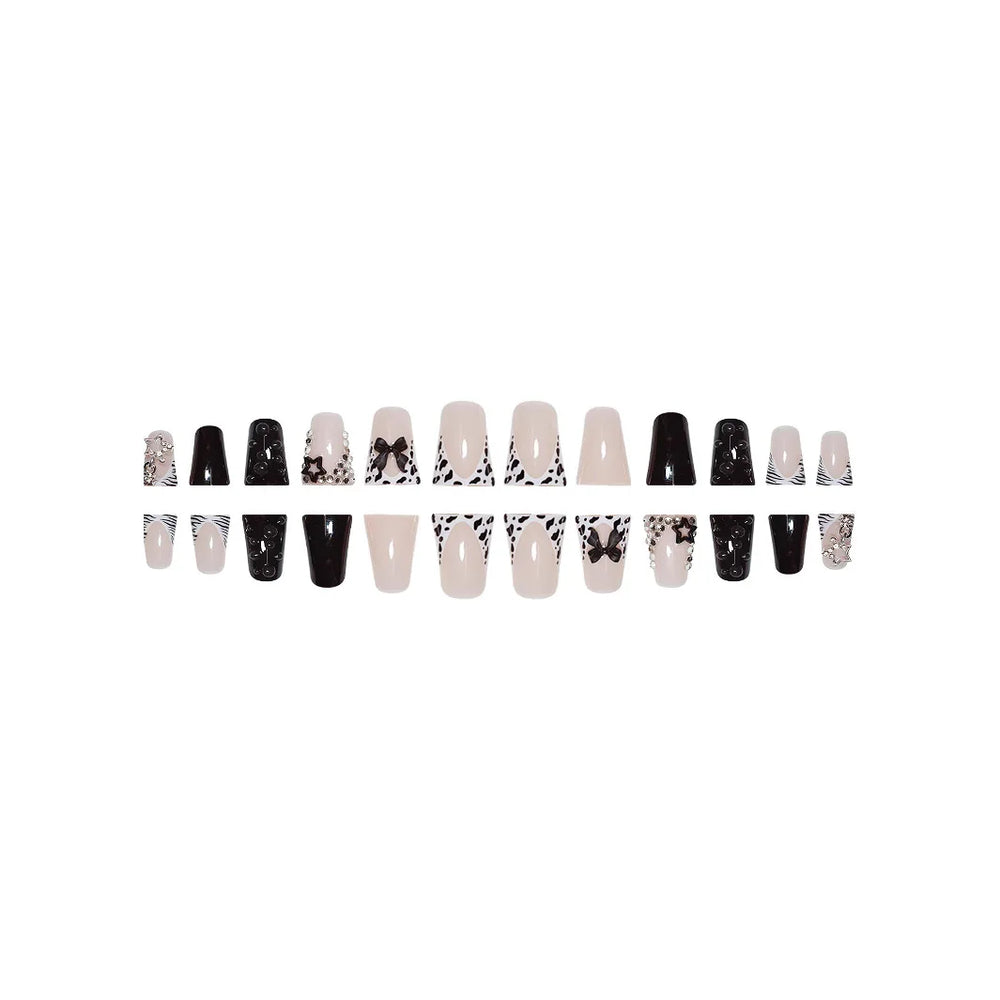 Glossy Black Bow & Star Rhinestone Press-On Nails – Short Duckbill, 24 Pcs