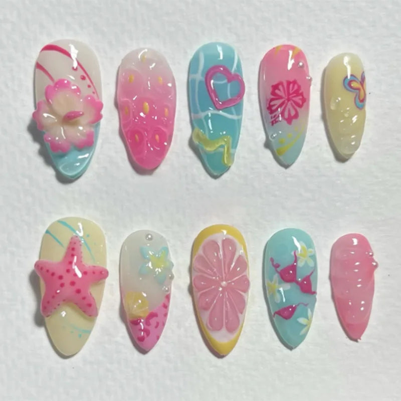 Gold Pink 3D Flower & Pearl Press-On Nails – Almond, 24 Pcs