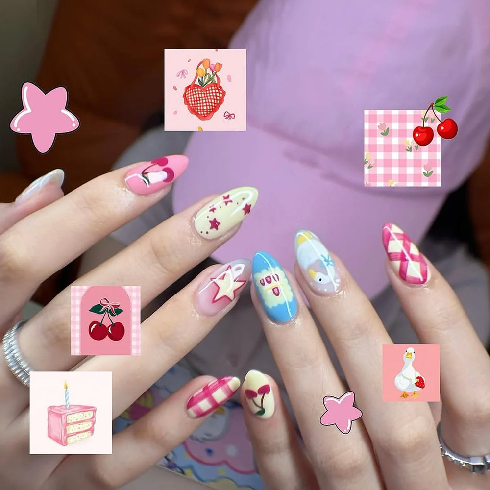 Colorful Star & Stripe French Y2K Press-On Nails – Almond, 24 Pcs