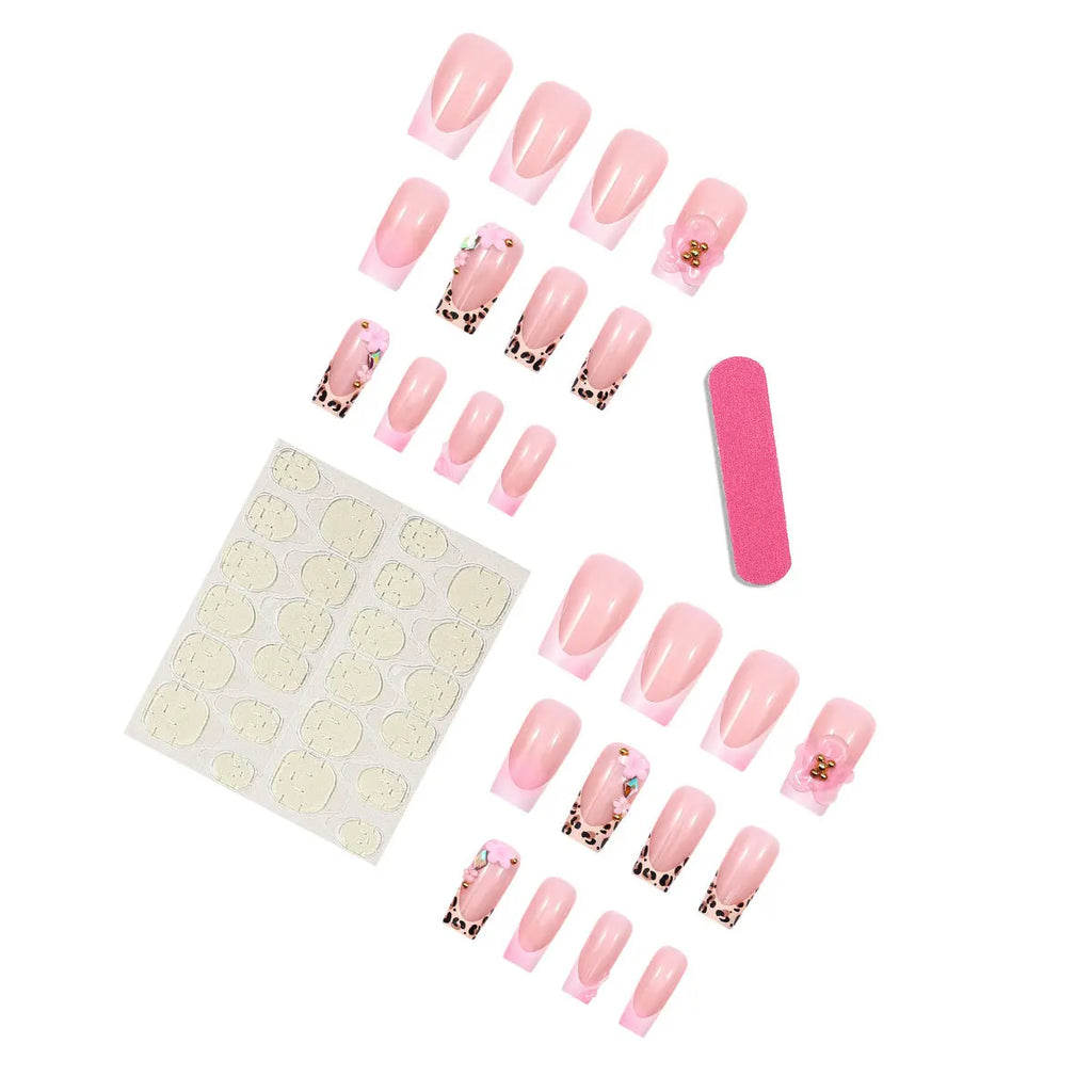 24pcs/Set Fake Nails for Women Girls Nude Color with Pink or Brown Flowers Leopard Print with Rhinestones Press On False Nails