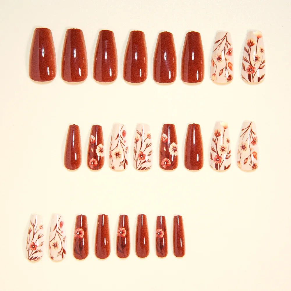 Medium long fake nails for women girls full cover Brown Square ballet nail tips with flowers design press on false nail art set