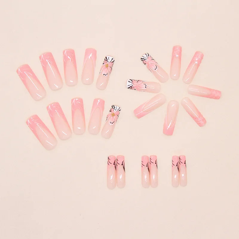 Medium long fake nails for women gilrs 3D flowers with leopard print gradietn pink nude square almond nail tips press on nails