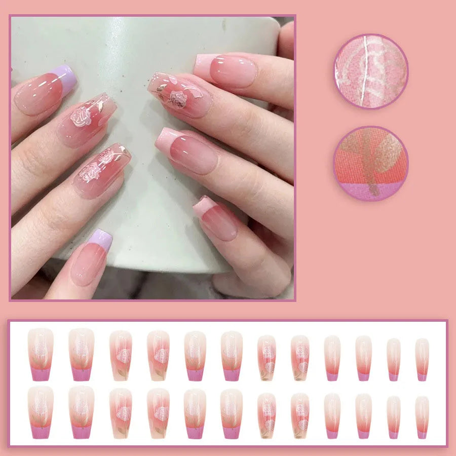 Green Cat Eye & Purple Pink Flower Press-On Nails – Medium Long