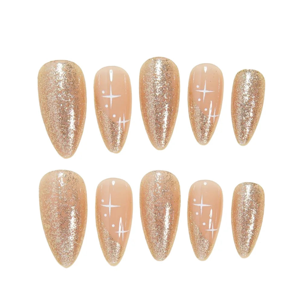 Medium fake nails for women girls gradient black white beige golden white star design almond nail tips press on false nail art