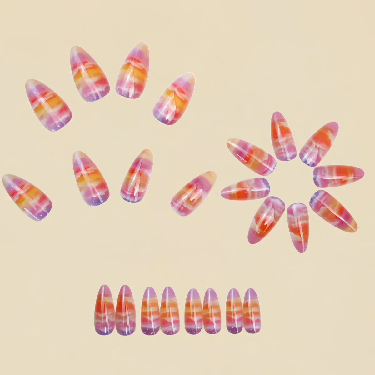 Medium fake nails for women gradient Blue purple orange Peacock Feathers Striped Clouds design Square almond tips press on nails